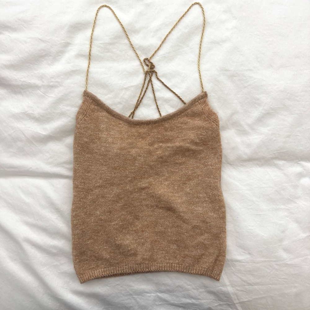 Zara Tan Knit Top w Gold Chain